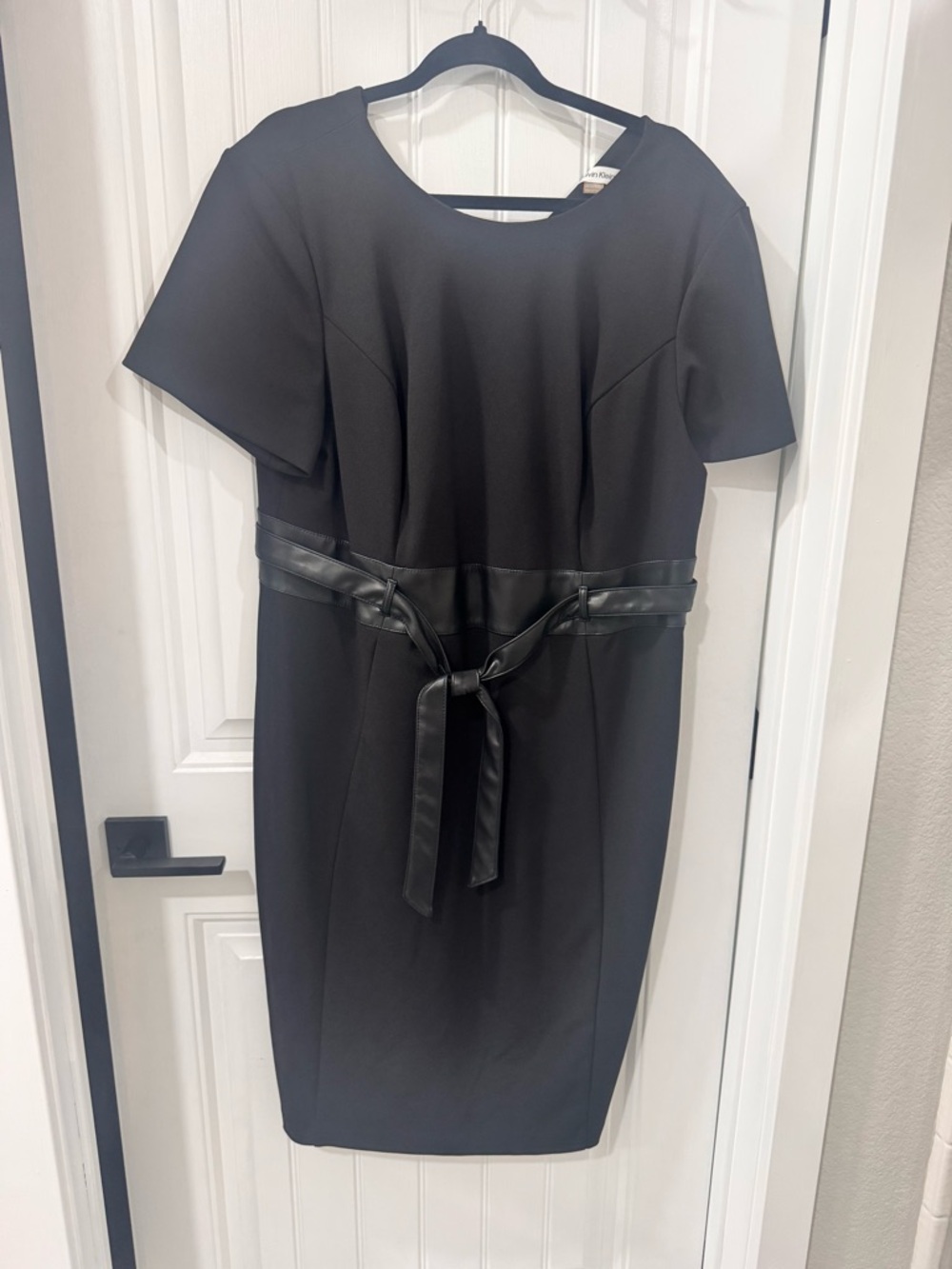 Calvin Klein Black Short-Sleeve Sheath Dress with Faux-Leather Belt